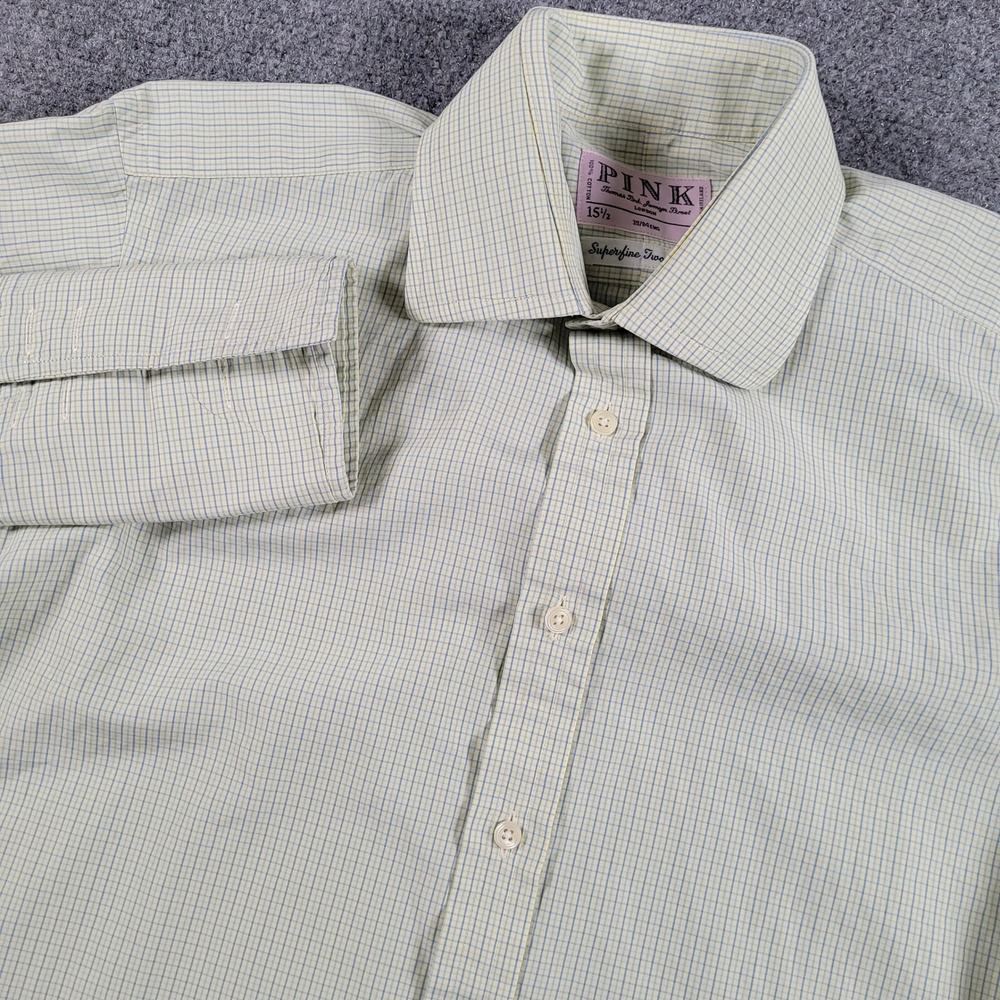 Thomas Pink Dress Shirt Men 15.5 33 Green Blue Micro Check Superfine French Cuff